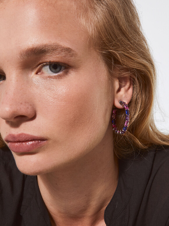 Hoop Earrings With Zirconia, Multicolor, hi-res