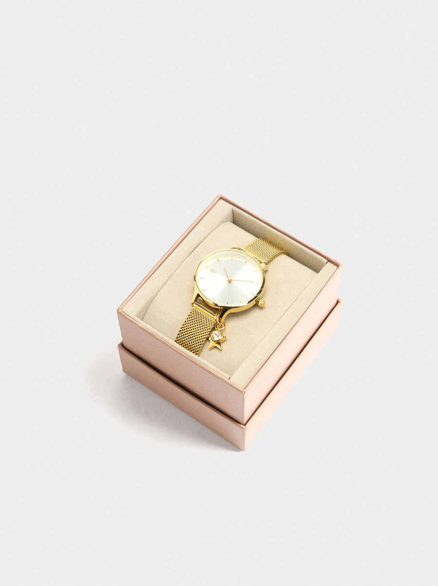 Reloj con pulsera de malla metálica y charm