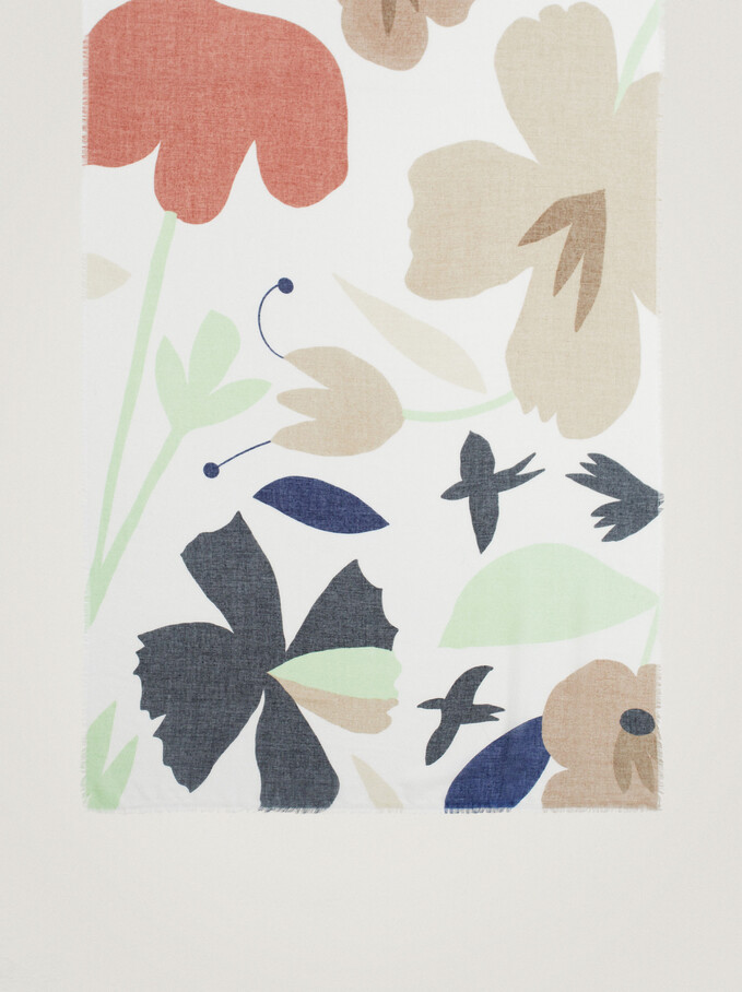 Floral Print Scarf, Beige, hi-res