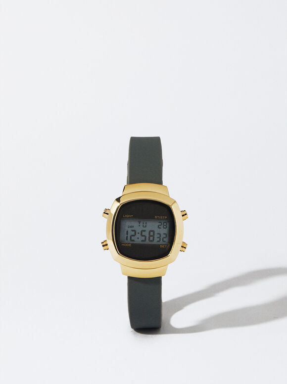 Digital Watch With Silicone Strap, Grey, hi-res