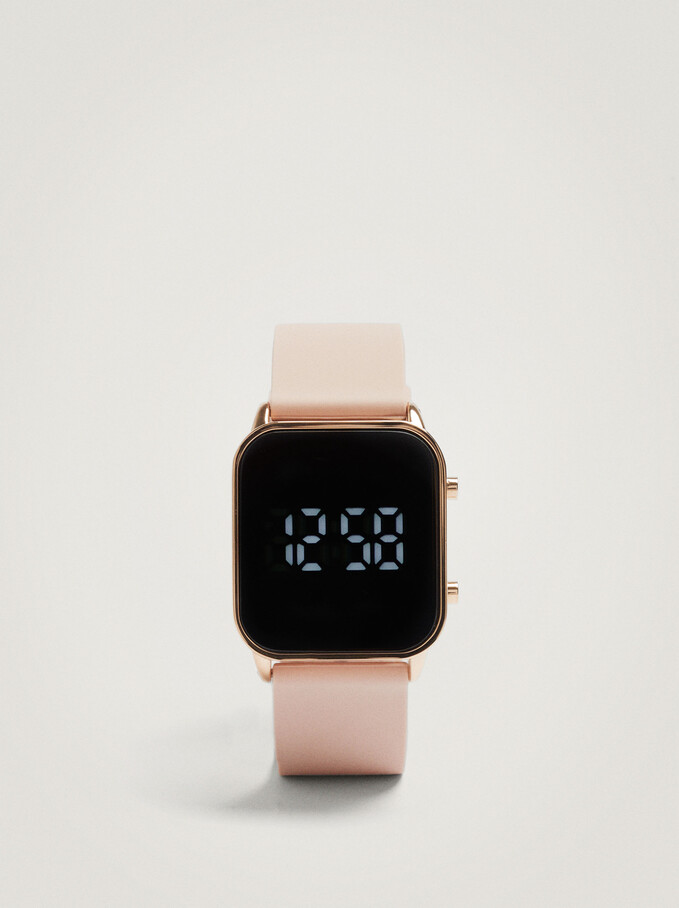 Digital Watch With Square Face, Pink, hi-res