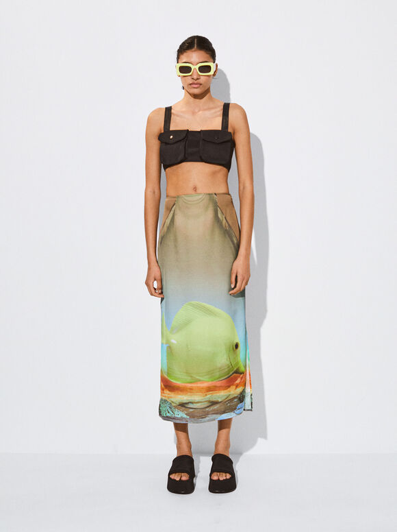 Midi Satin Skirt, Multicolor, hi-res