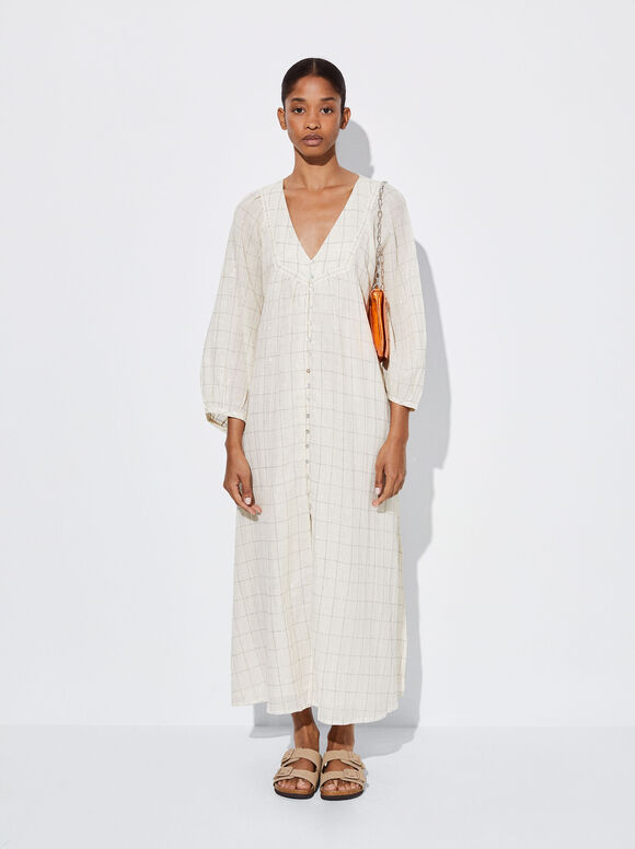 Long Dress With Plaid Pattern, White, hi-res