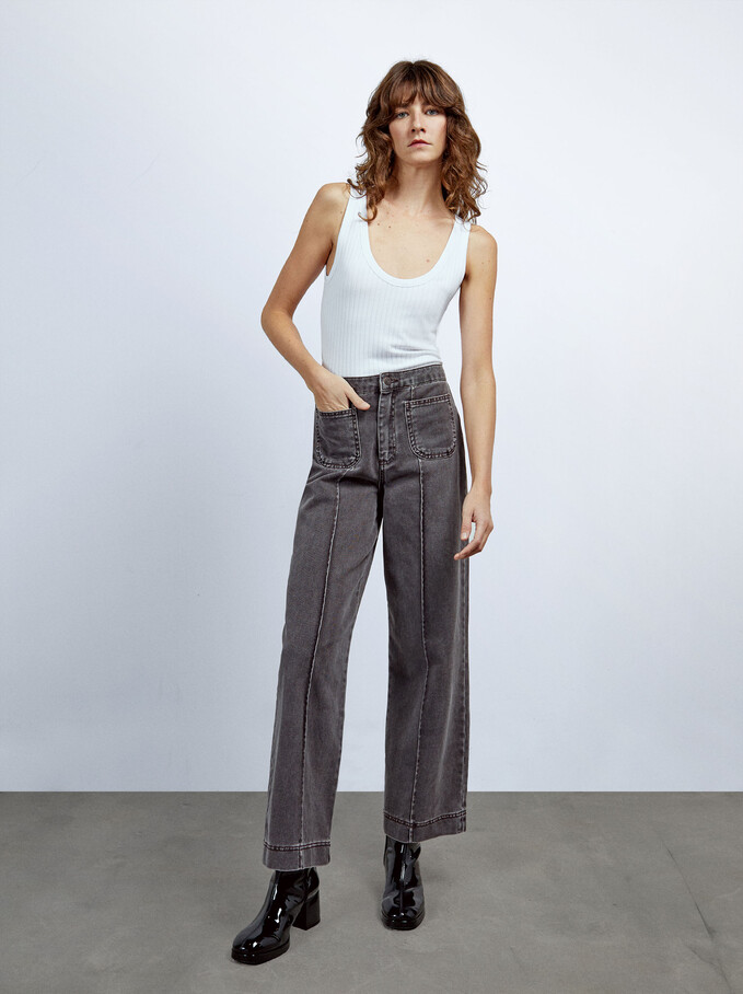 Straight Fit Jeans With Pockets, Grey, hi-res