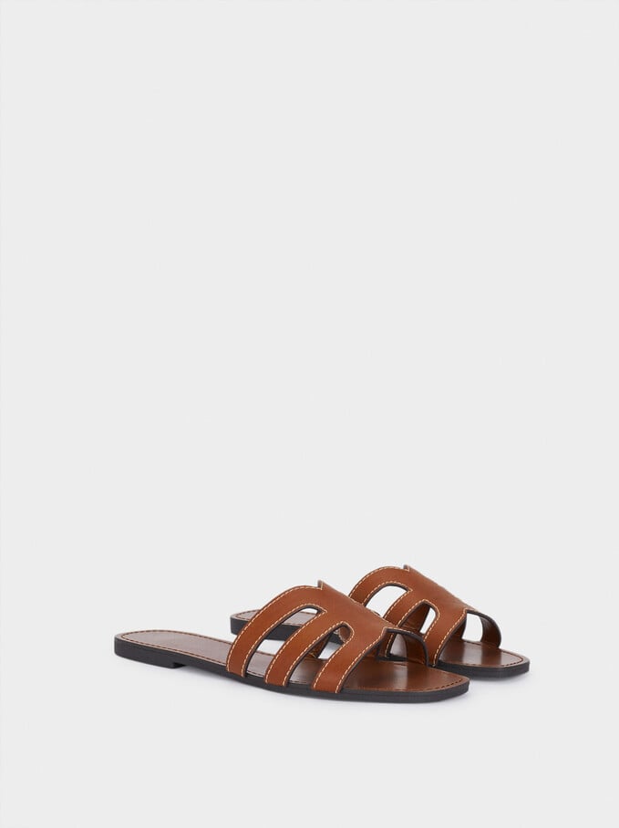 Flat Sandals With Topstitching On Straps, Camel, hi-res