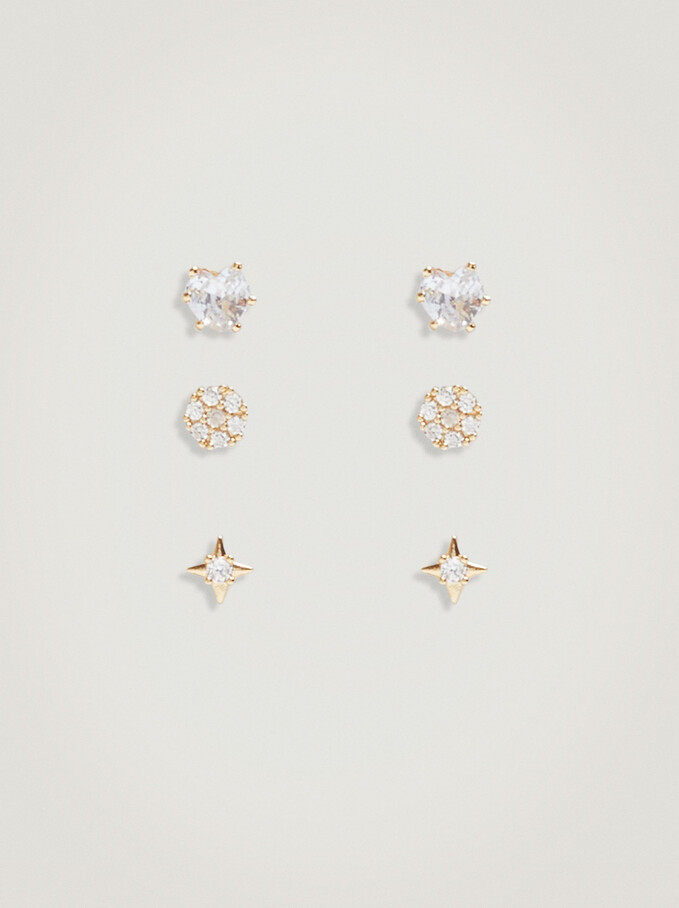 Set Of Earrings With Cubic Zirconia, Golden, hi-res