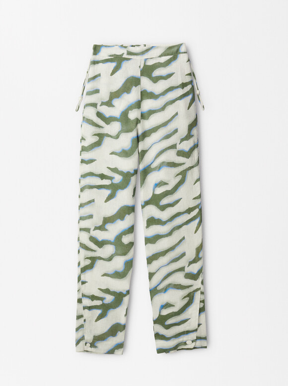 Linen Printed Trousers, Multicolor, hi-res