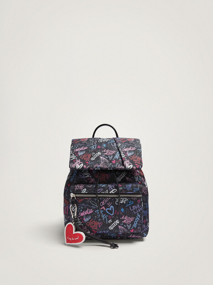Printed Nylon Backpack With Heart Pendant, Black, hi-res