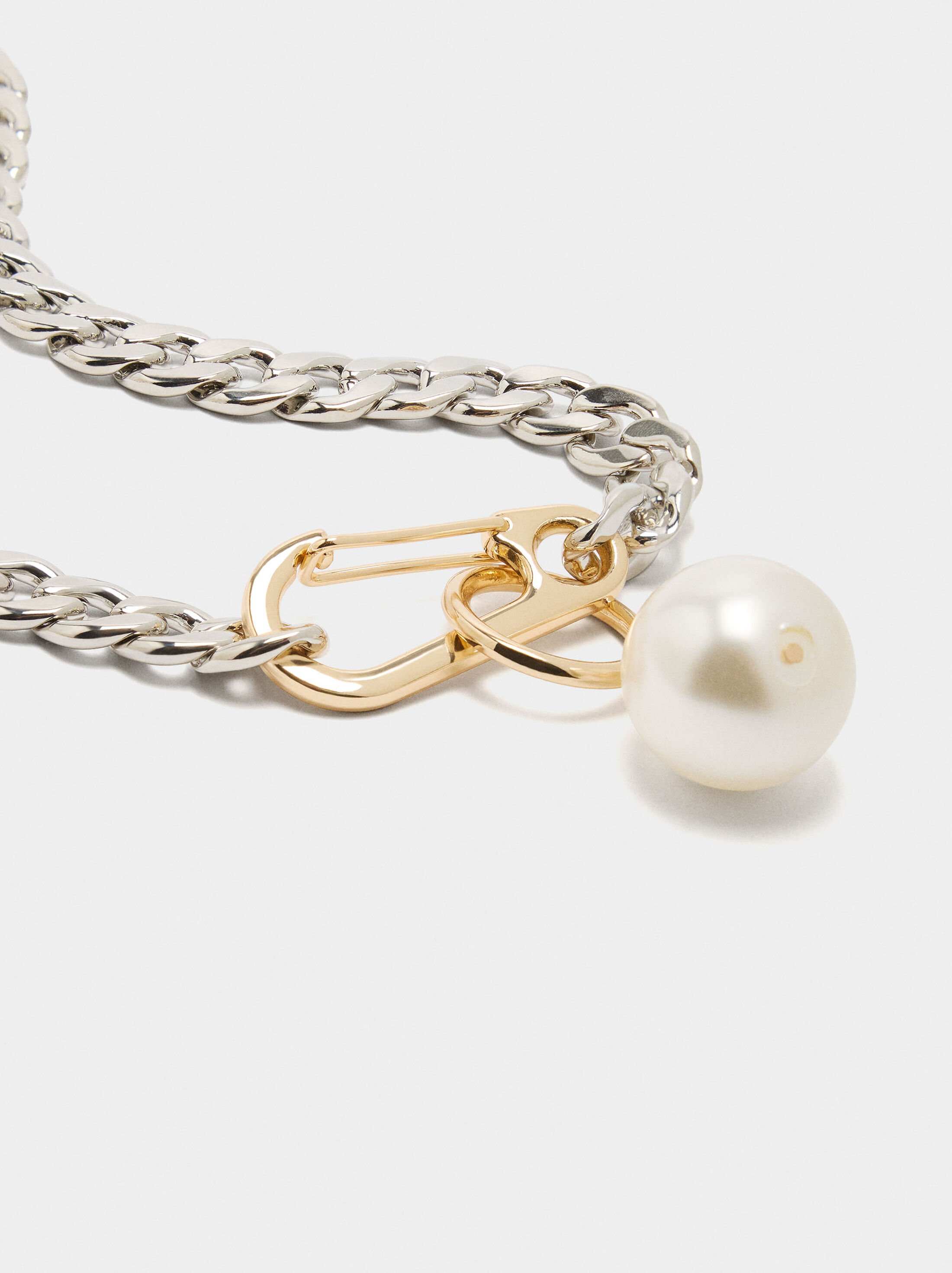 Short bicolor links necklace with pearl image number 2.0