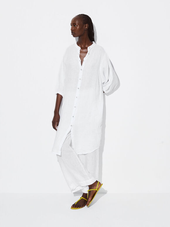 100% Linen Shirt Dress, White, hi-res