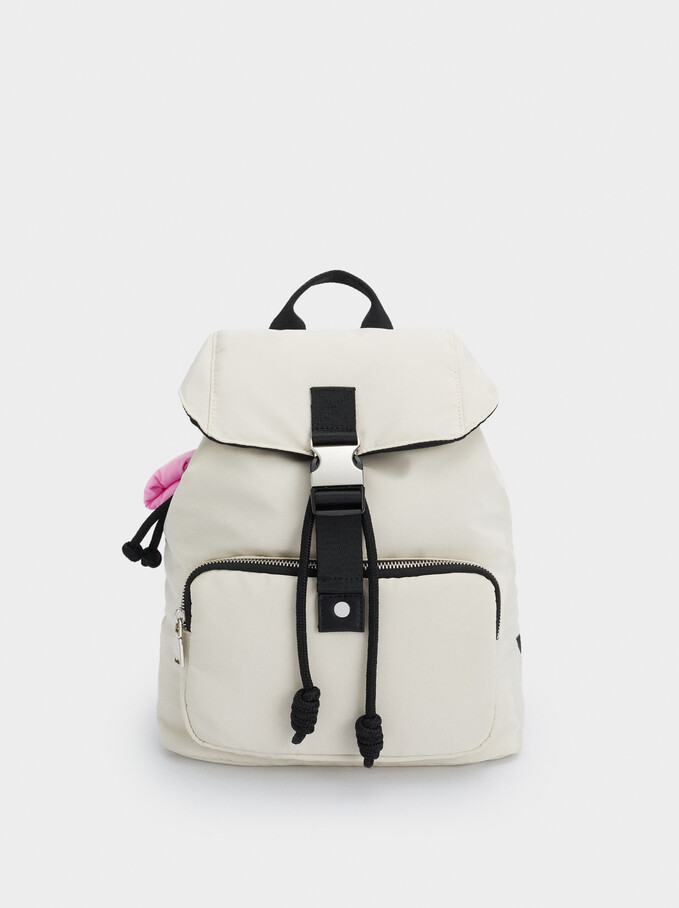 Nylon Backpack With Outer Pocket, Ecru, hi-res