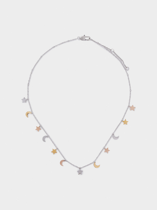 Stainless Steel Necklace With Moons And Stars, Multicolor, hi-res