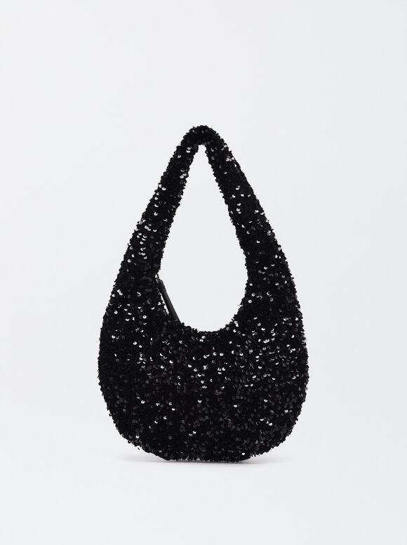 Shoulder Bag With Sequins, Black, hi-res