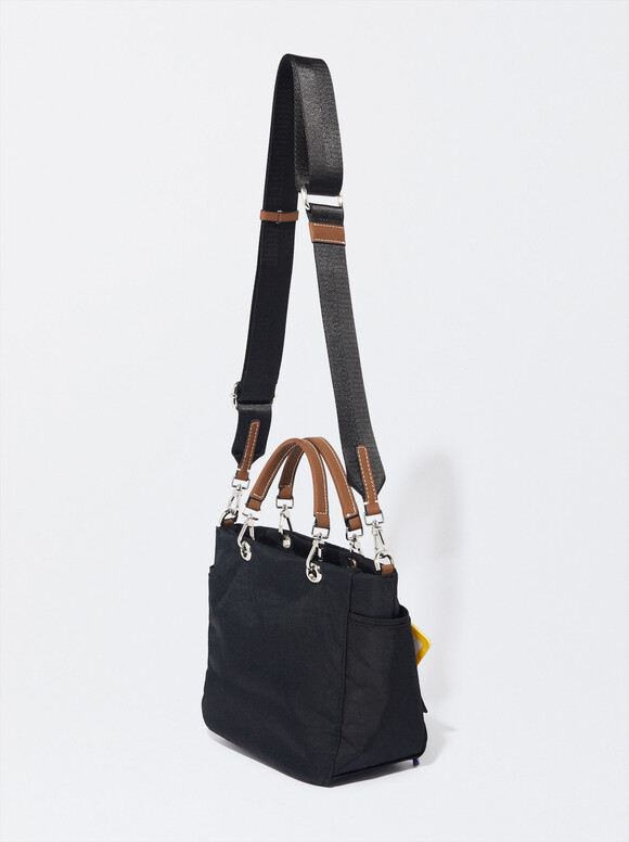Printed Nylon Tote Bag With Pendant, Black, hi-res