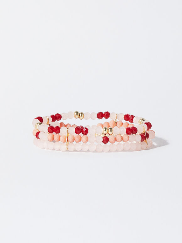 Elasticated Bead Bracelet, Coral, hi-res