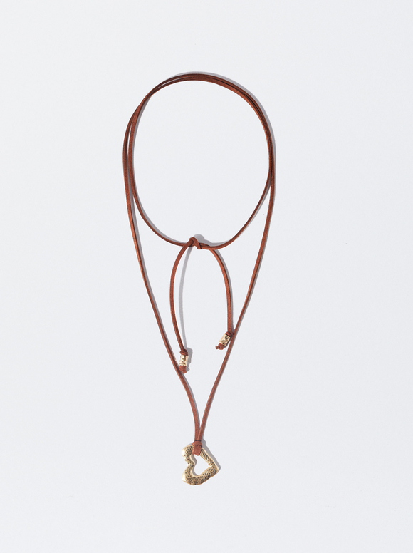 Cord Necklace With Heart, Brown, hi-res