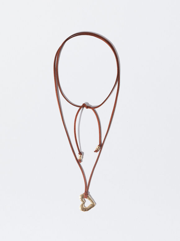 Cord Necklace With Heart, Brown, hi-res