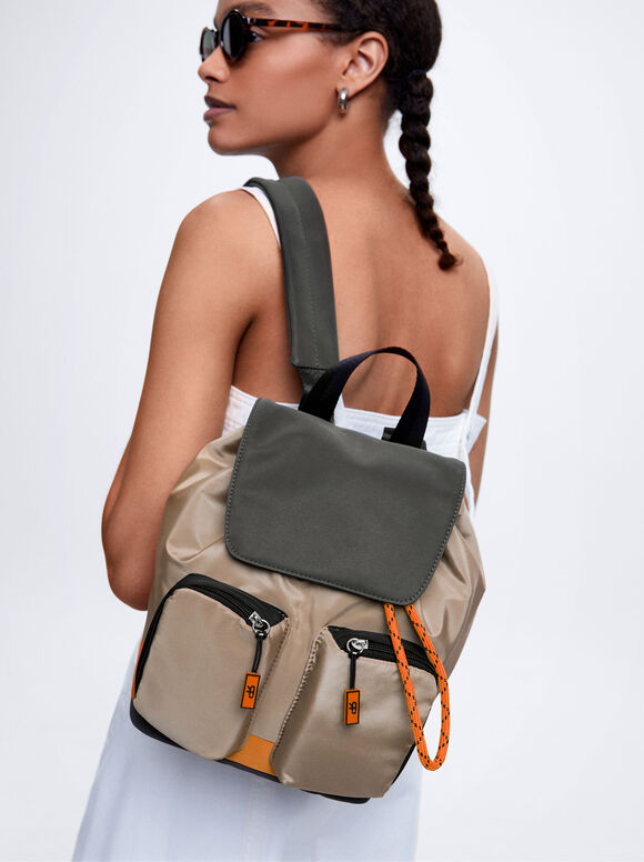 Nylon Backpack With Pendant, Brown, hi-res