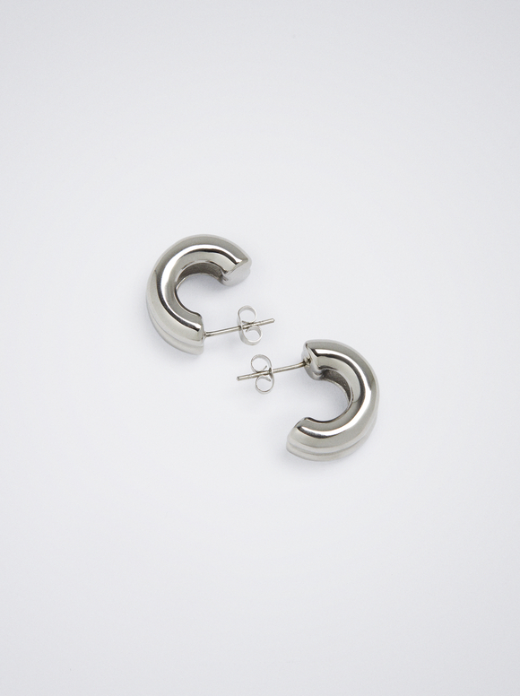 Stainless Steel Silver Hoop Earrings, Silver, hi-res