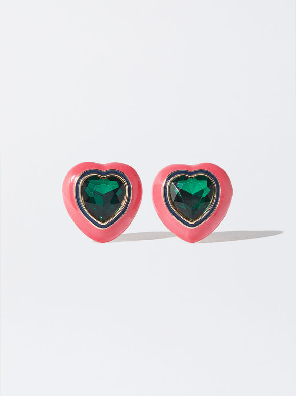Maxi Heart Enameled Earrings, Pink, hi-res