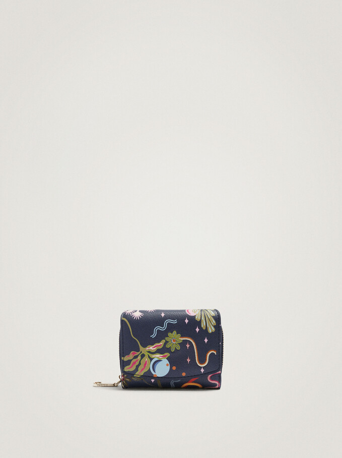 Printed Coin Purse With Card Holder, Navy, hi-res