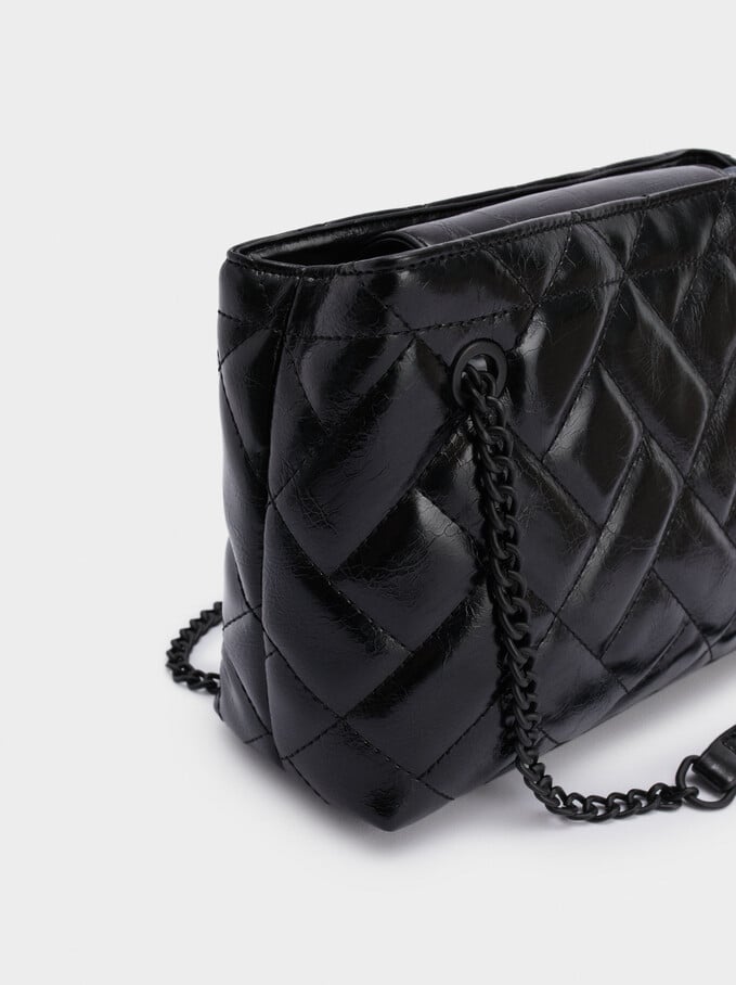 Quilted Shoulder Bag With Chain Handle, Black, hi-res