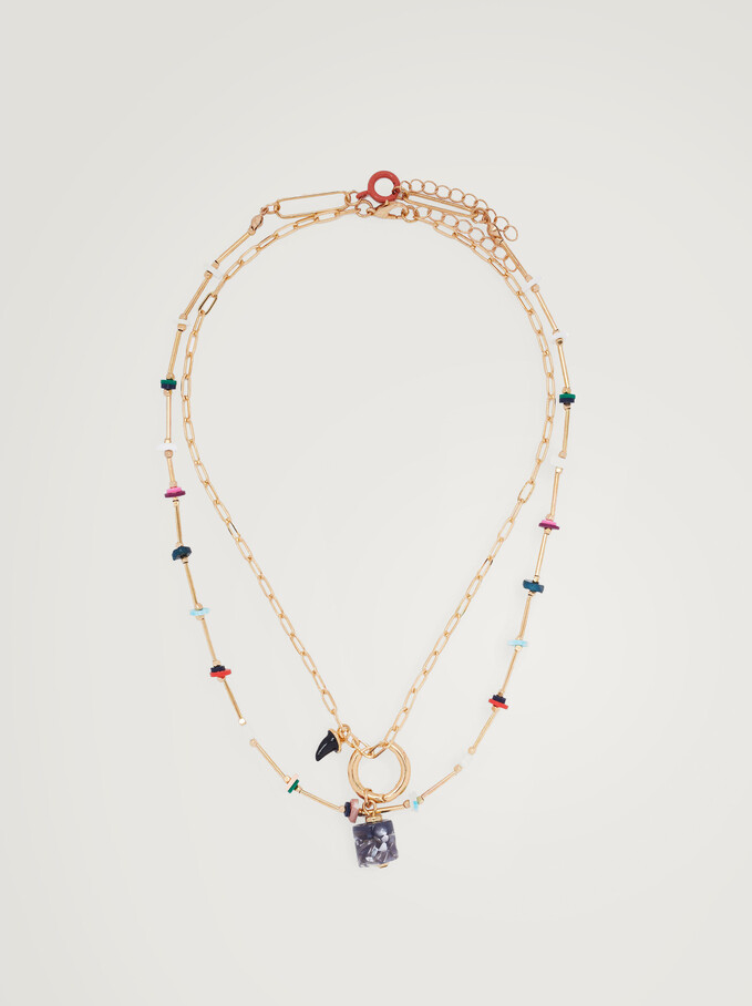 Set Of Necklaces With Horn And Beads, Multicolor, hi-res