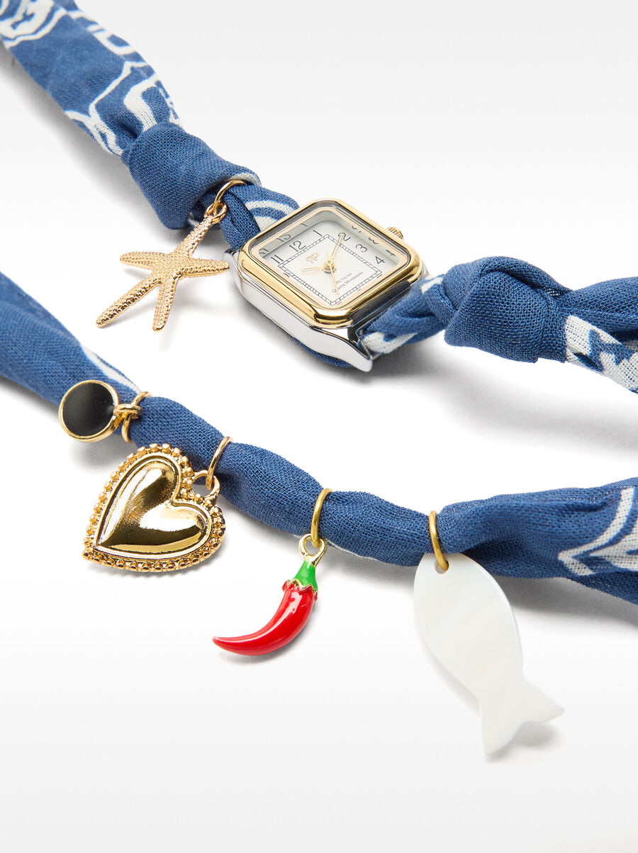 Watch with fabric strap and charms