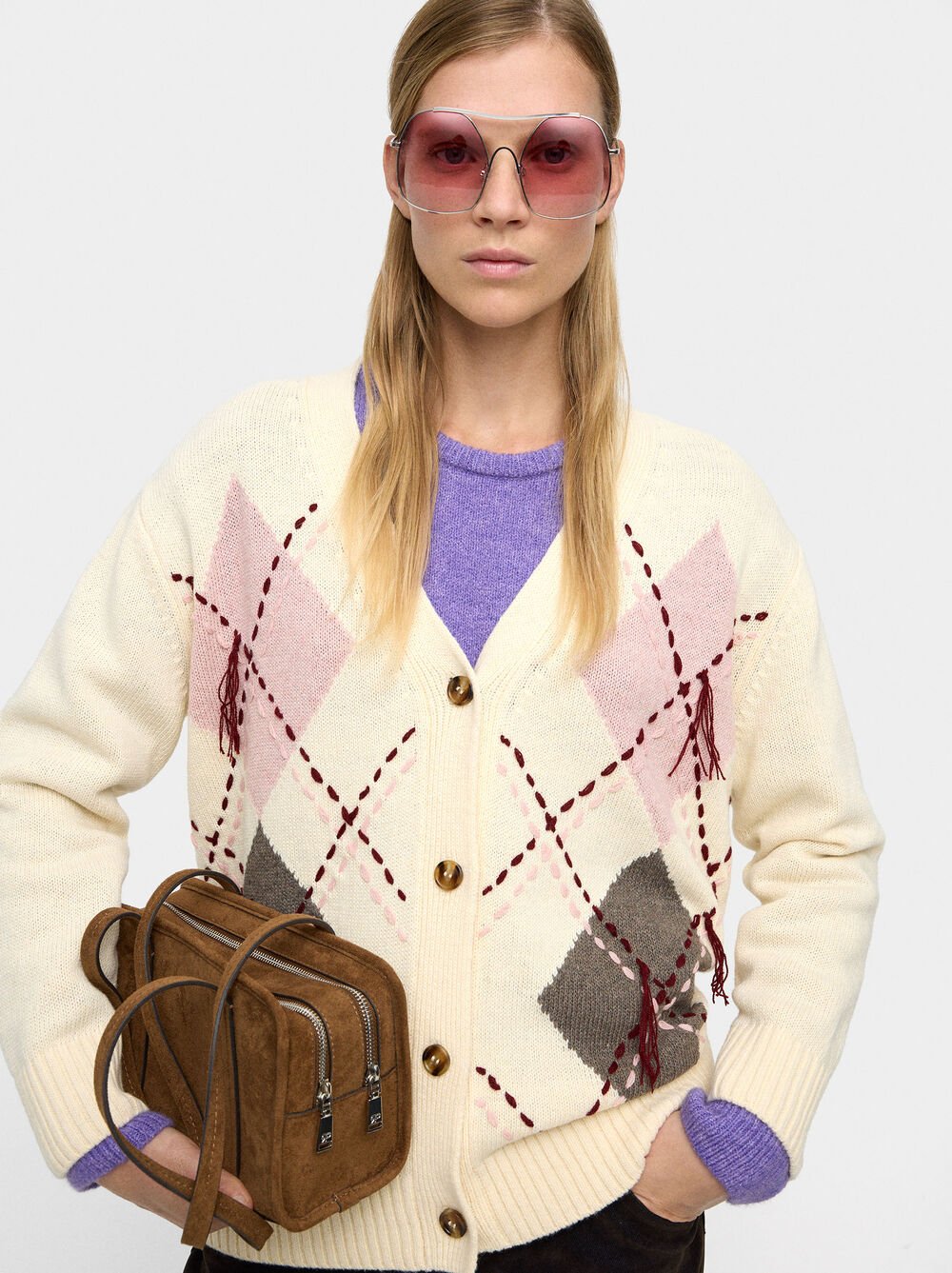 Knit cardigan with argyle and embroidery