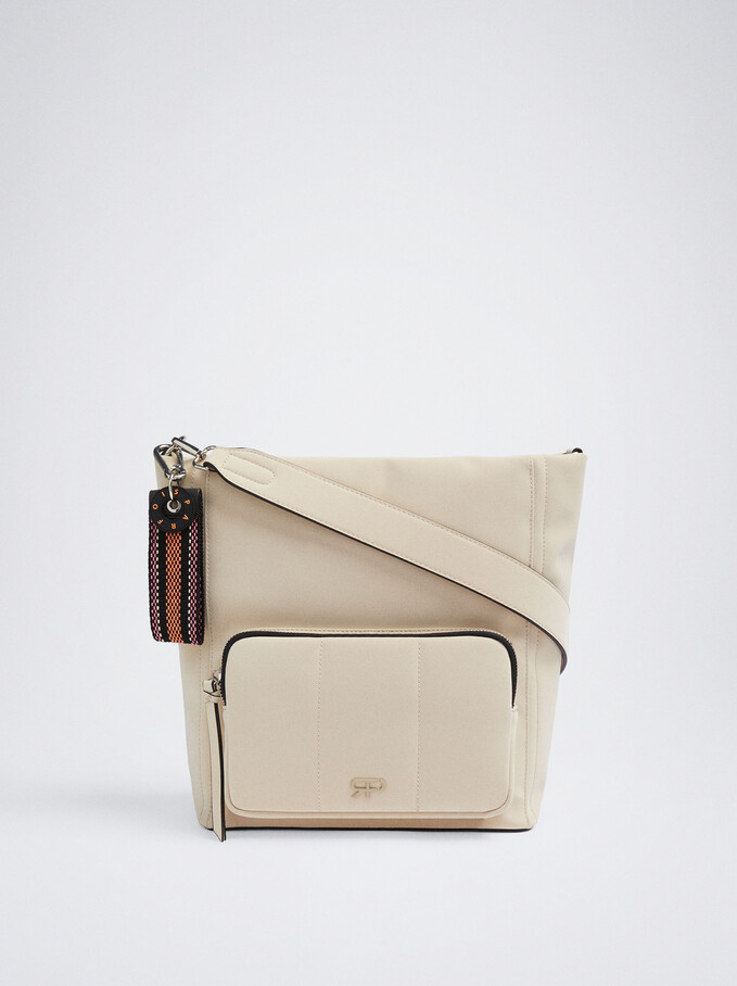 Nylon Shopper Bag With Pendant, Ecru, hi-res