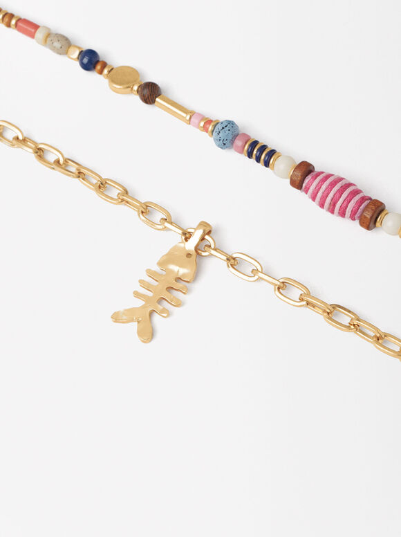 Set Of Gold Fish Detail Necklaces Multicolor