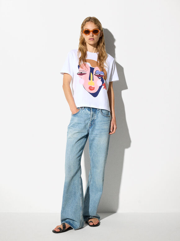 T-Shirt Imprimé 100% Coton - Online Exclusive, Blanc, hi-res