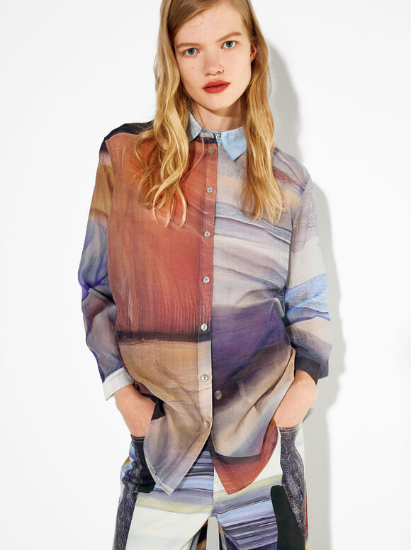Lyocell Printed Shirt, Multicolor, hi-res