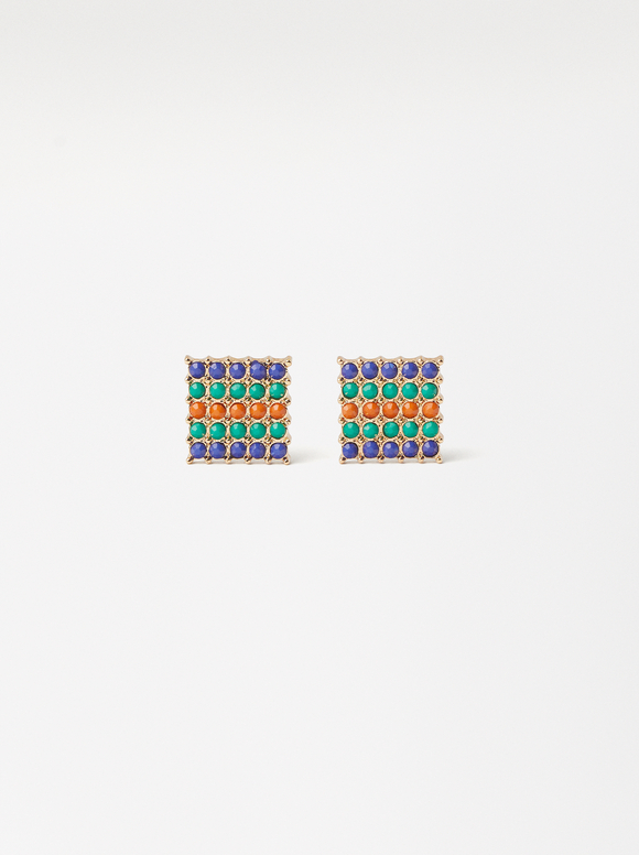 Square Beaded Earrings, Multicolor, hi-res