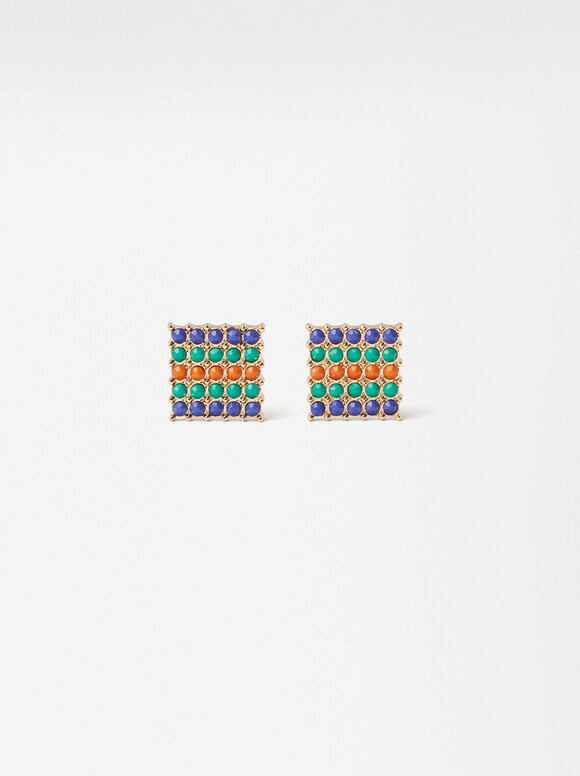 Square Beaded Earrings, Multicolor, hi-res