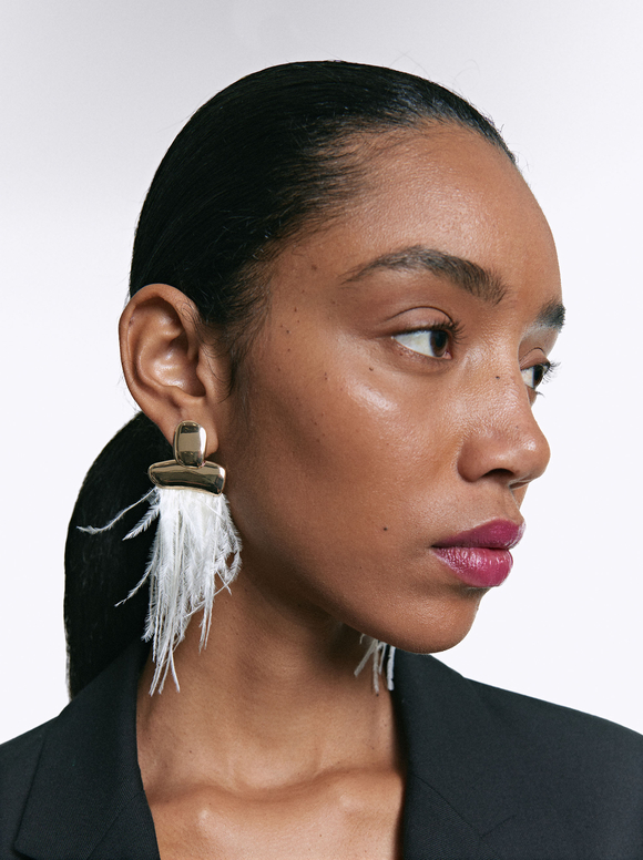 Golden Earrings With Feathers, Beige, hi-res