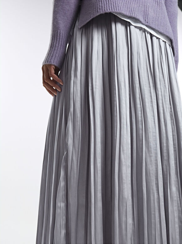 Long Pleated Skirt, Grey, hi-res