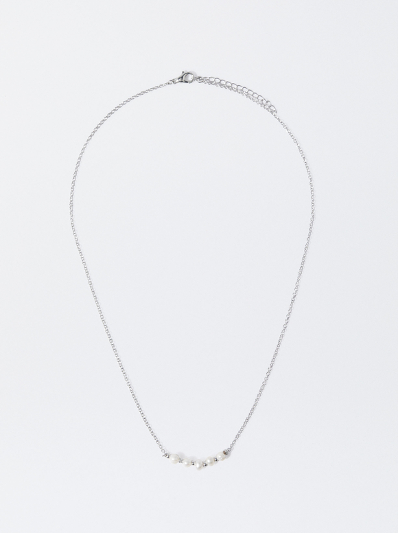 Silver-Plated Necklace With Faux Pearls, Silver, hi-res