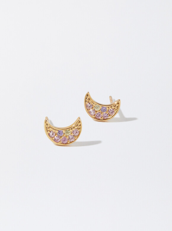 925 Silver Moon And Zirconia Earrings, Purple, hi-res