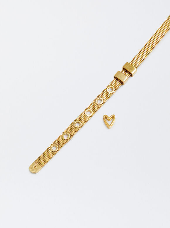 Online Exclusive - Stainless Steel Personalised Heart Bracelet, Golden, hi-res