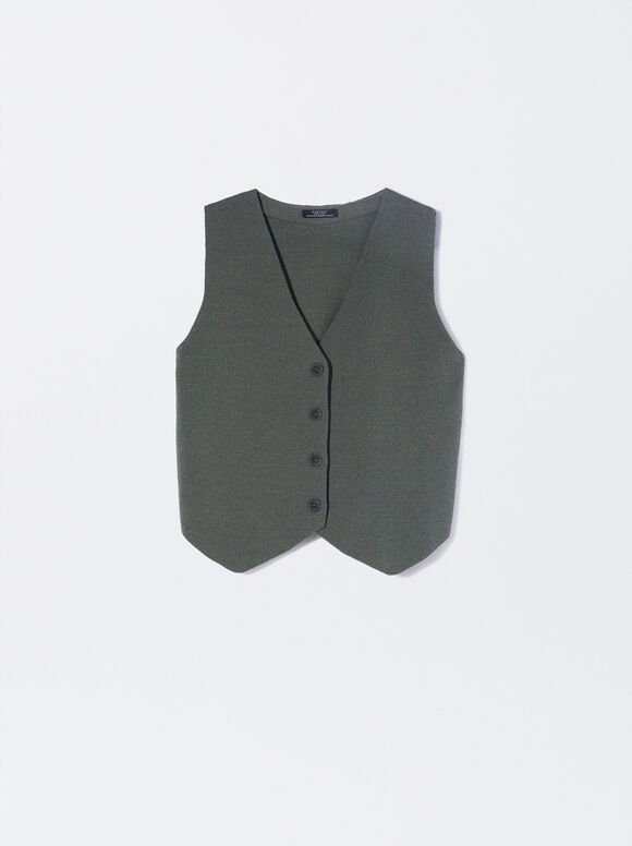 Knitted V-Neck Vest, Green, hi-res