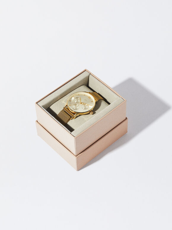 Watch With Stainless Steel Metallic Mesh Strap, Golden, hi-res