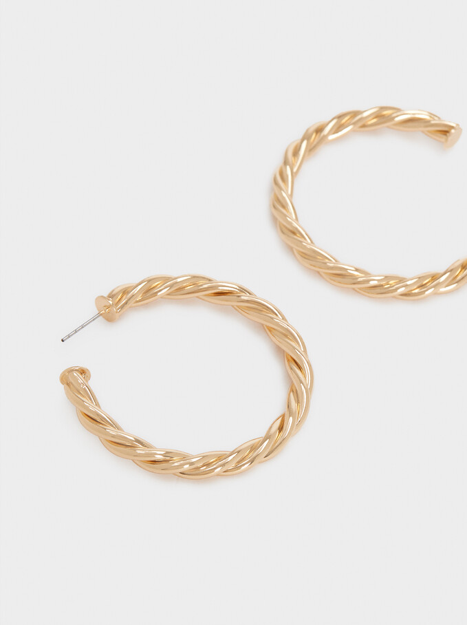 Large Woven Detail Hoop Earrings, Golden, hi-res