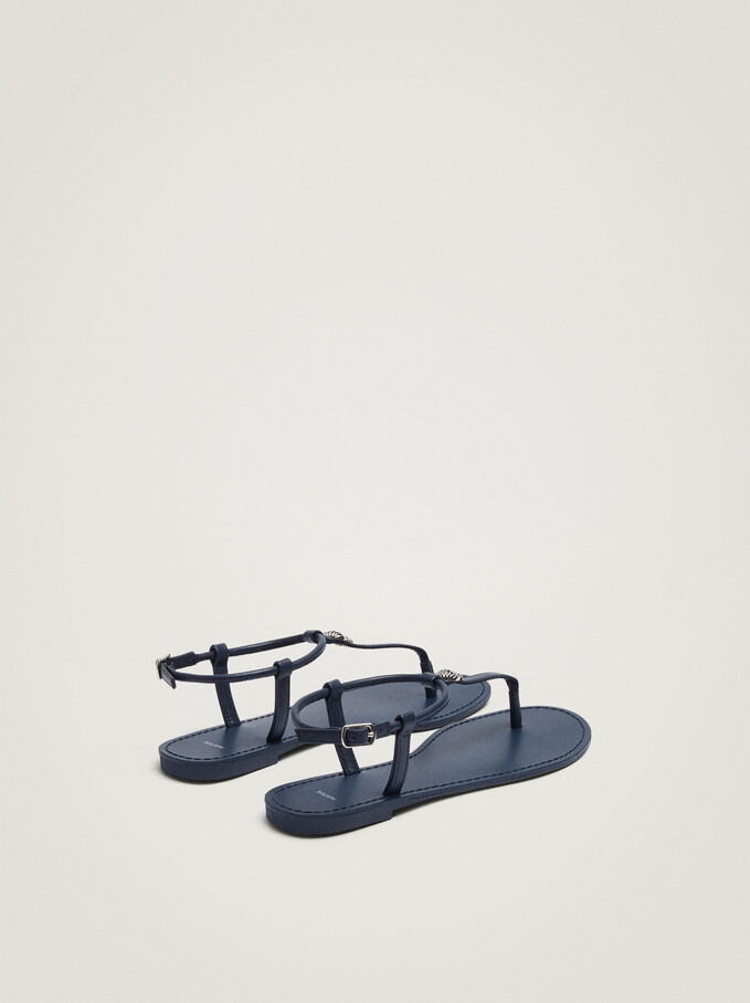 Flat Sandals With Metallic Detail, Navy, hi-res