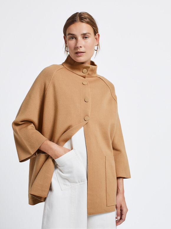 Knitted Poncho With Buttons, Camel, hi-res