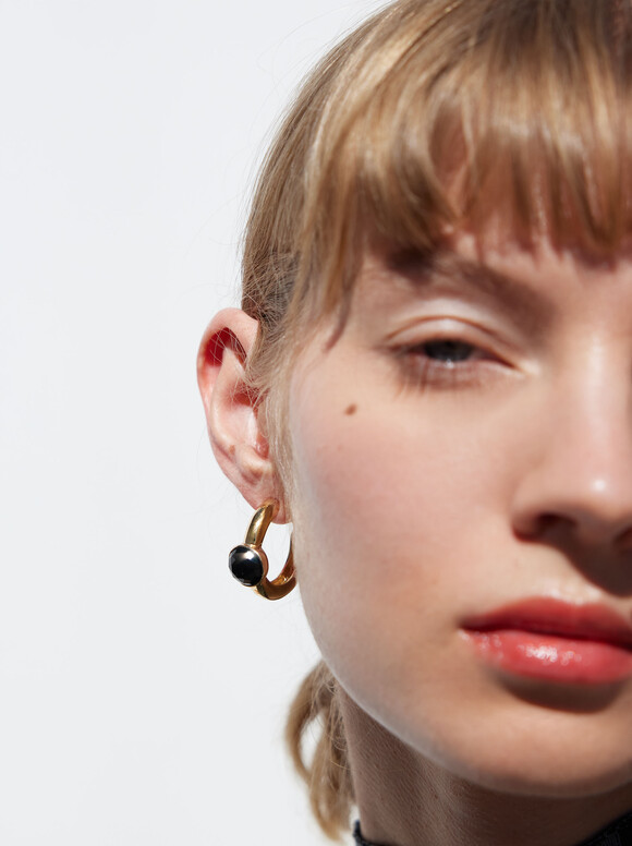 Hoop Earrings With Crystals, Black, hi-res