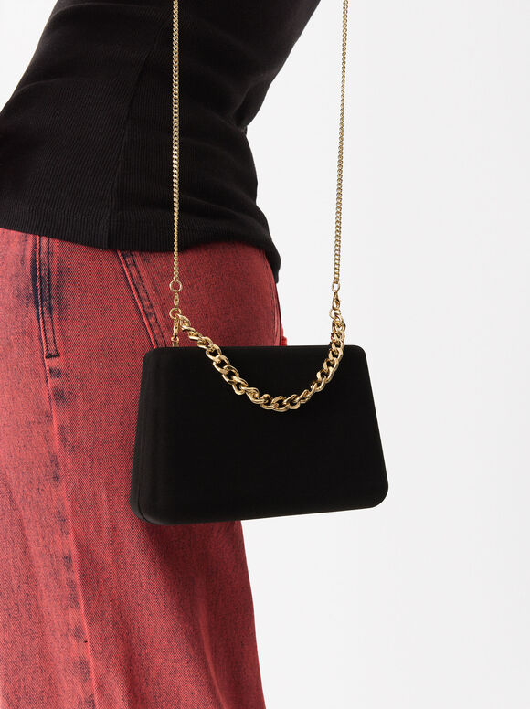 Party Handbag With Chain Handle, Black, hi-res