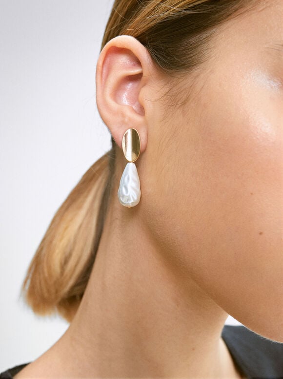 Golden Earrings With Pearl, Golden, hi-res