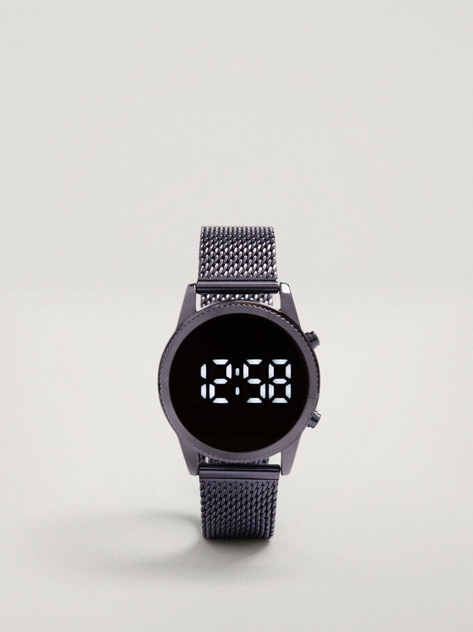 Digital Watch With Steel Wristband, Bordeaux, hi-res