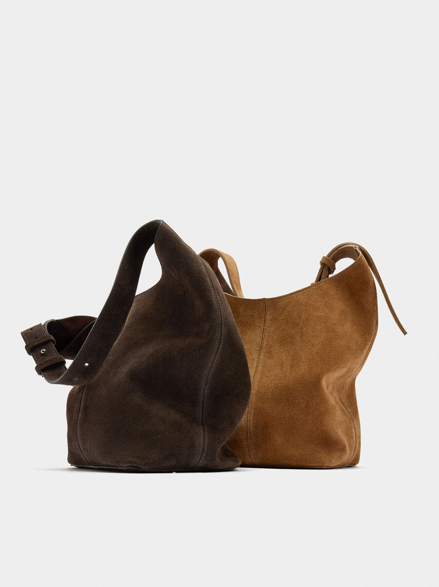 Suede bucket bag with inner pouch
